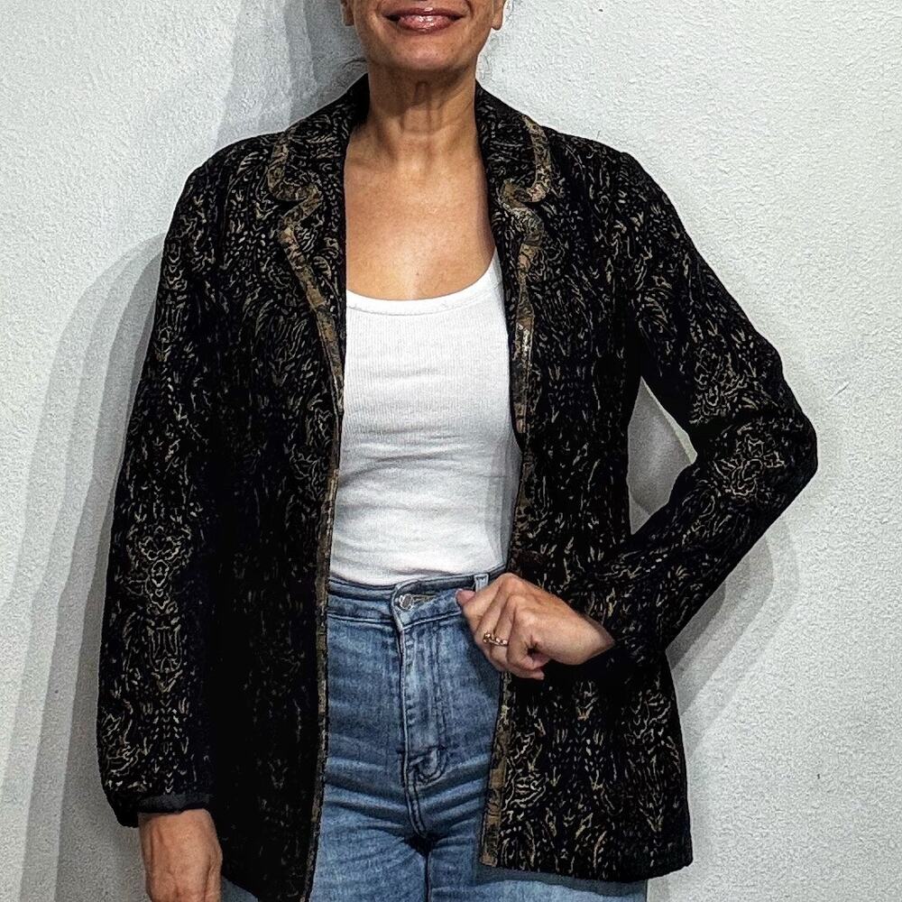 Chico's Black Metallic Tapestry Style Button Up Jacket Coat Sz 1/M